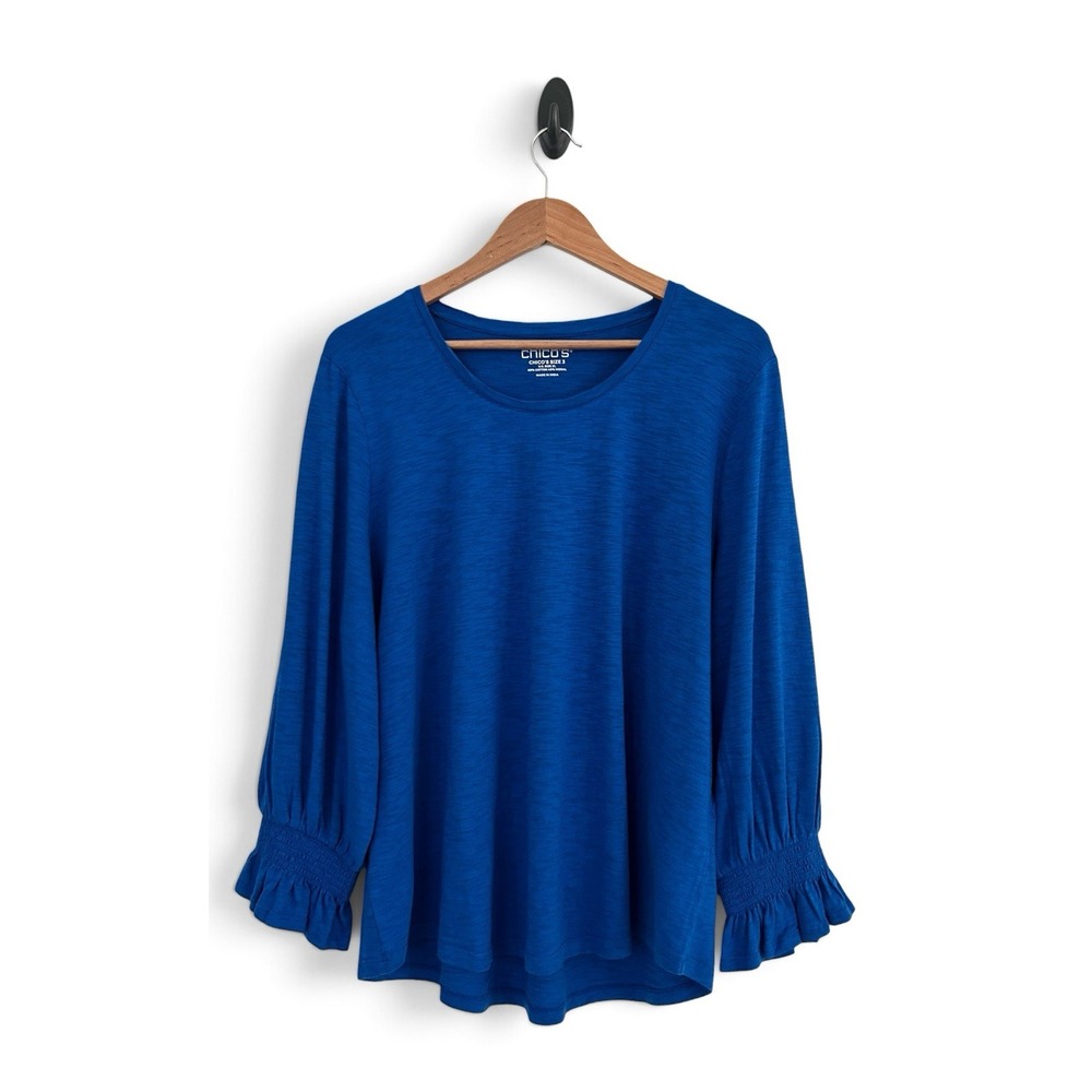 Chico's Women's XL Size 3 Royal Blue Cotton Modal Smock Ruffled Long Sleeve NWOT